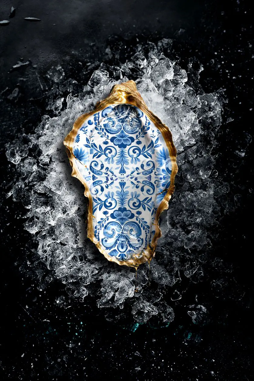 Fotografía artística de ostra con oro y azul de Delft.