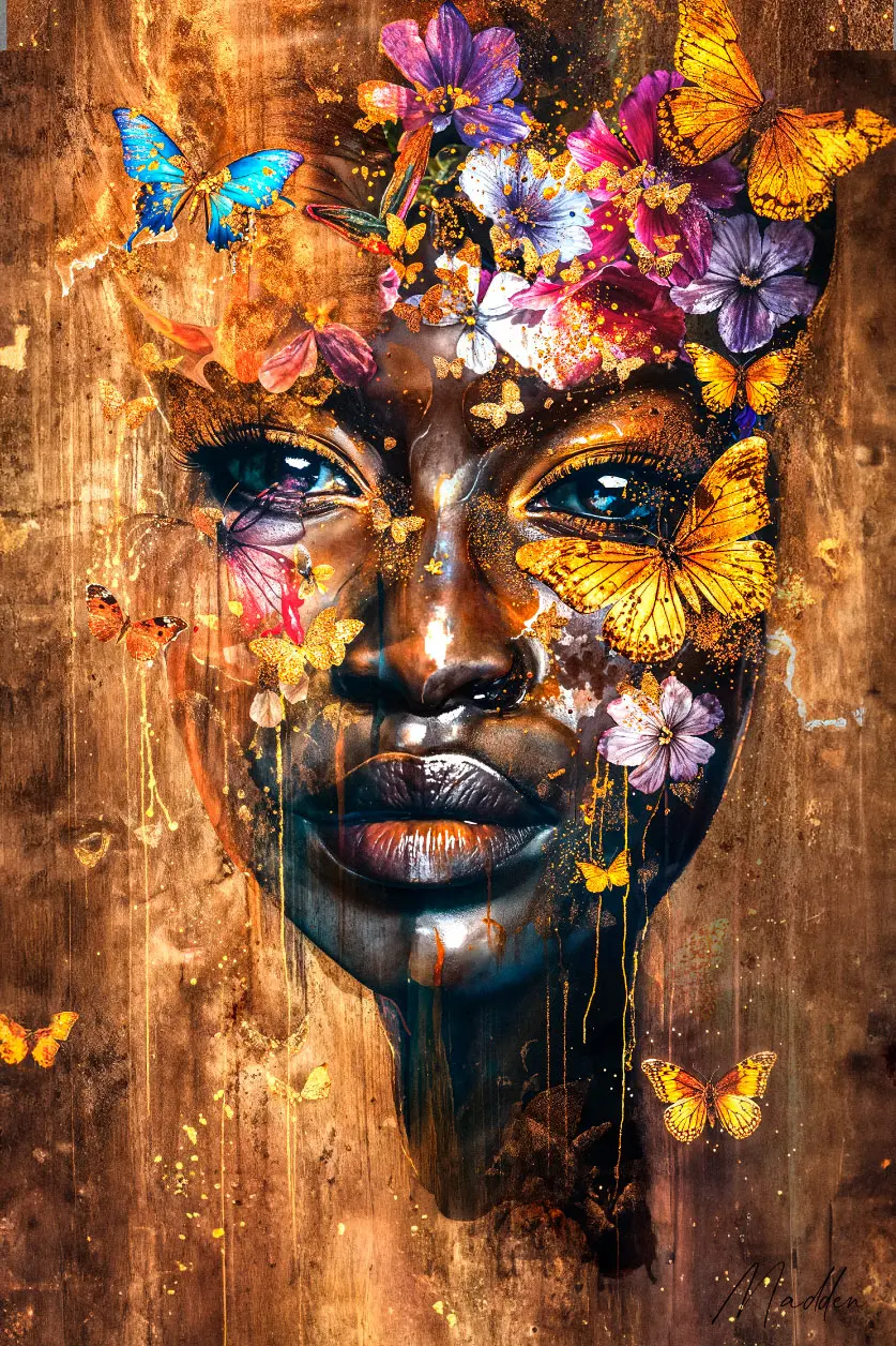 Art photo of African woman with butterflies