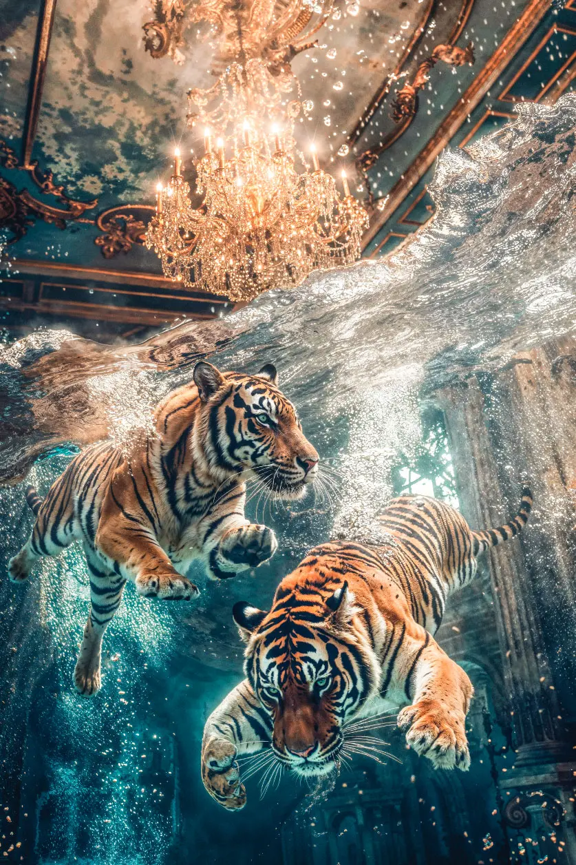 Wall art of swimming tigers